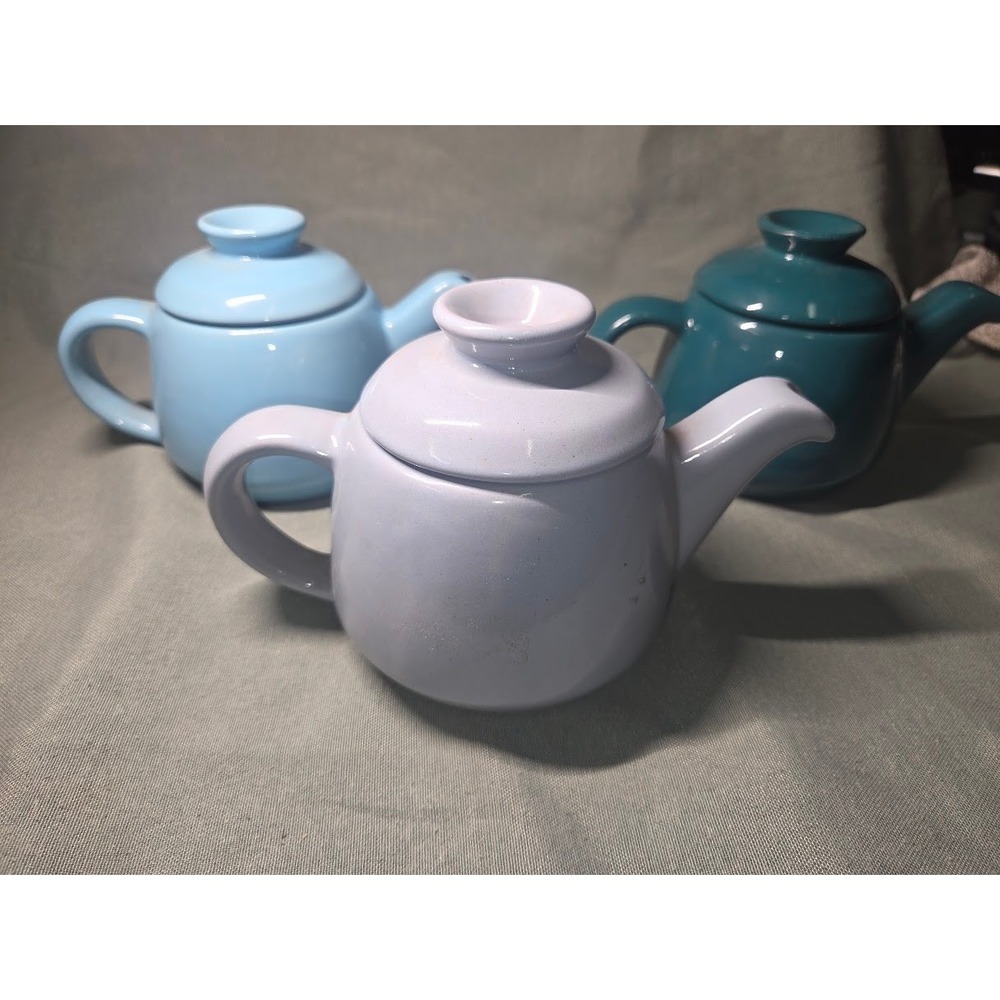 Frankoma Pottery Individual Teapot Set of 3 Blue Teal Lavender Ceramic 6J 4.5in